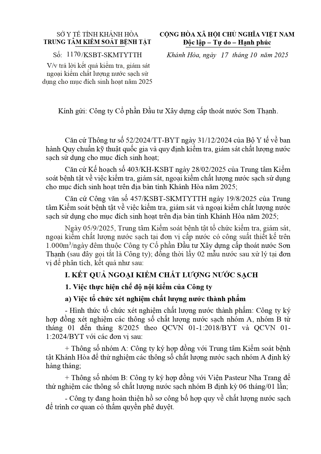 V/v trả lời kết quả kiểm tra, giám sát ngoại kiểm chất lượng nước sạch sử dụng cho mục đích sinh hoạt năm 2025